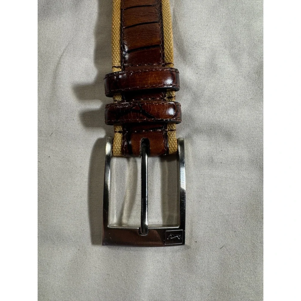 Leatherman Ltd Mens Belt Brown Croc Embossed Leather Canvas Tan Silver Buckle 36